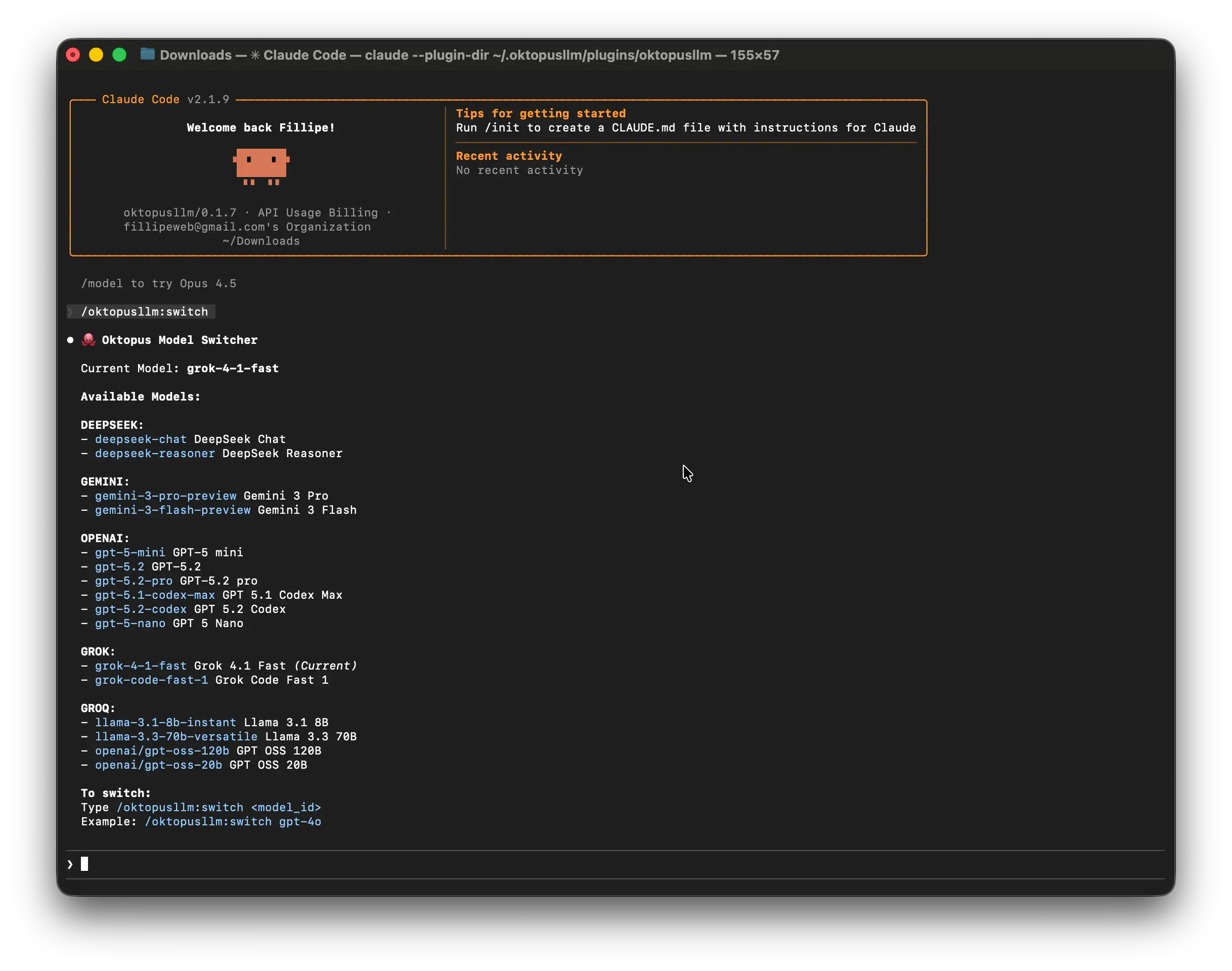 OktopusLLM Model Switcher in Claude Code CLI showing all available models
